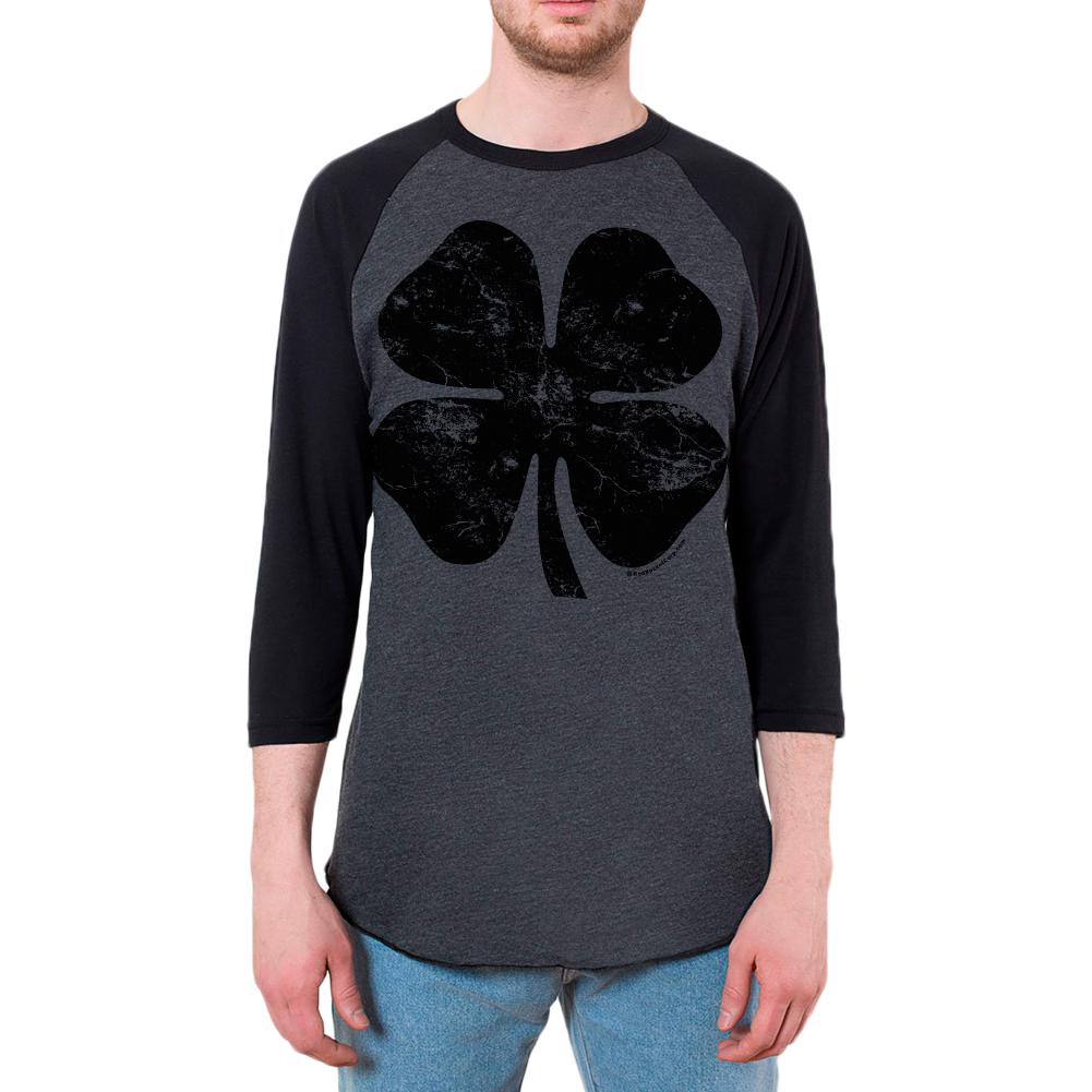 St Patricks Day Black Irish Distressed Shamrock Mens Raglan T Shirt Men's Raglans Old Glory 2XL Heather Black-Black