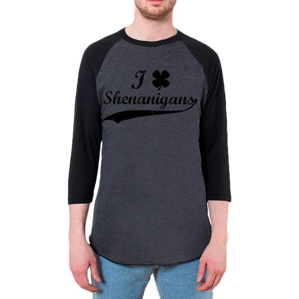 St Patricks Day Black Irish I Shamrock Shenanigans Mens Raglan T Shirt Men's Raglans Old Glory 2XL Heather Black-Black