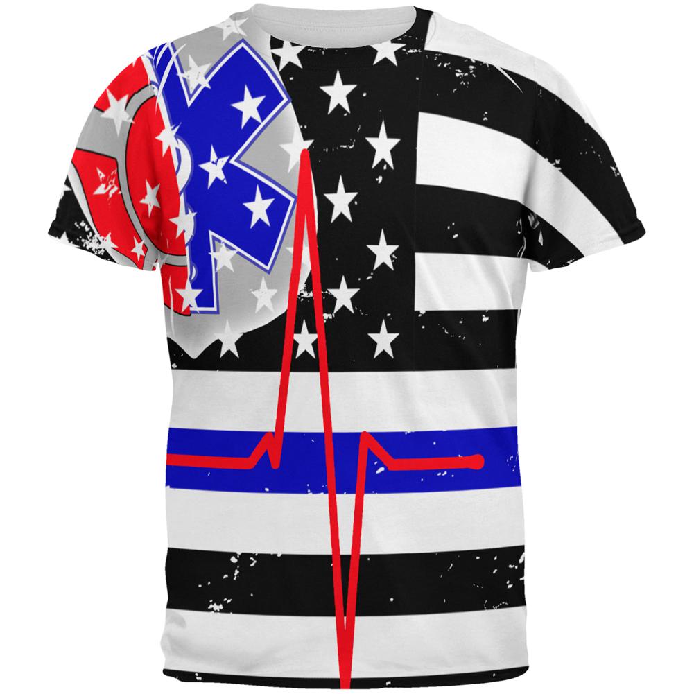EMS EMT Firefighter Thin Blue Lives Line Flag All Over Mens T Shirt Men's T-Shirts Old Glory 2XL Multi