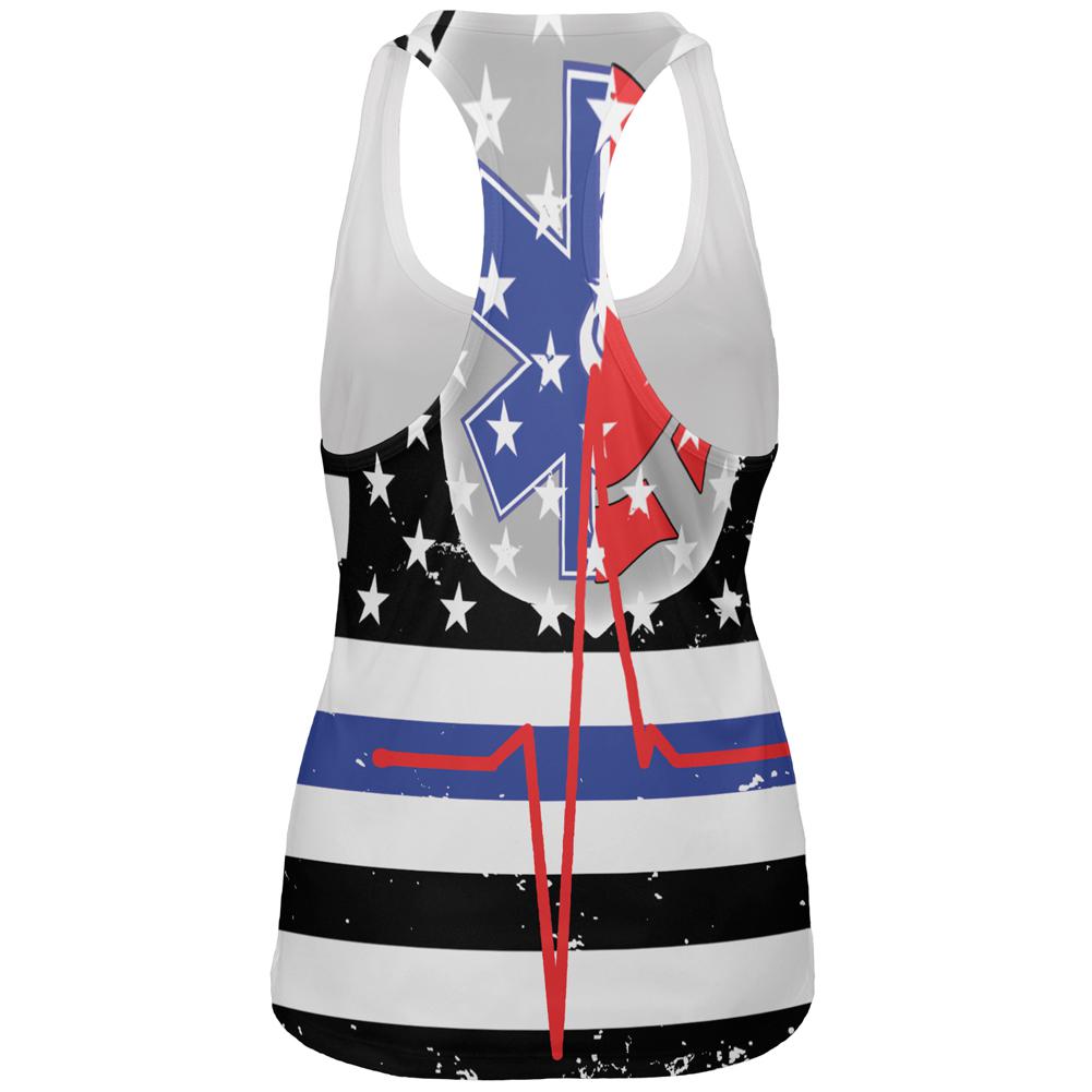 EMS EMT Firefighter Thin Blue Lives Line Flag All Over Womens Work Out Tank Top Women's Tank Tops Old Glory