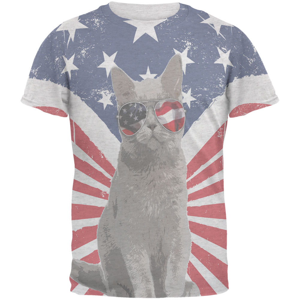 4th Of July Meowica America Patriot Cat Mens Soft T Shirt Men's T-Shirts 4th of July 2XL White