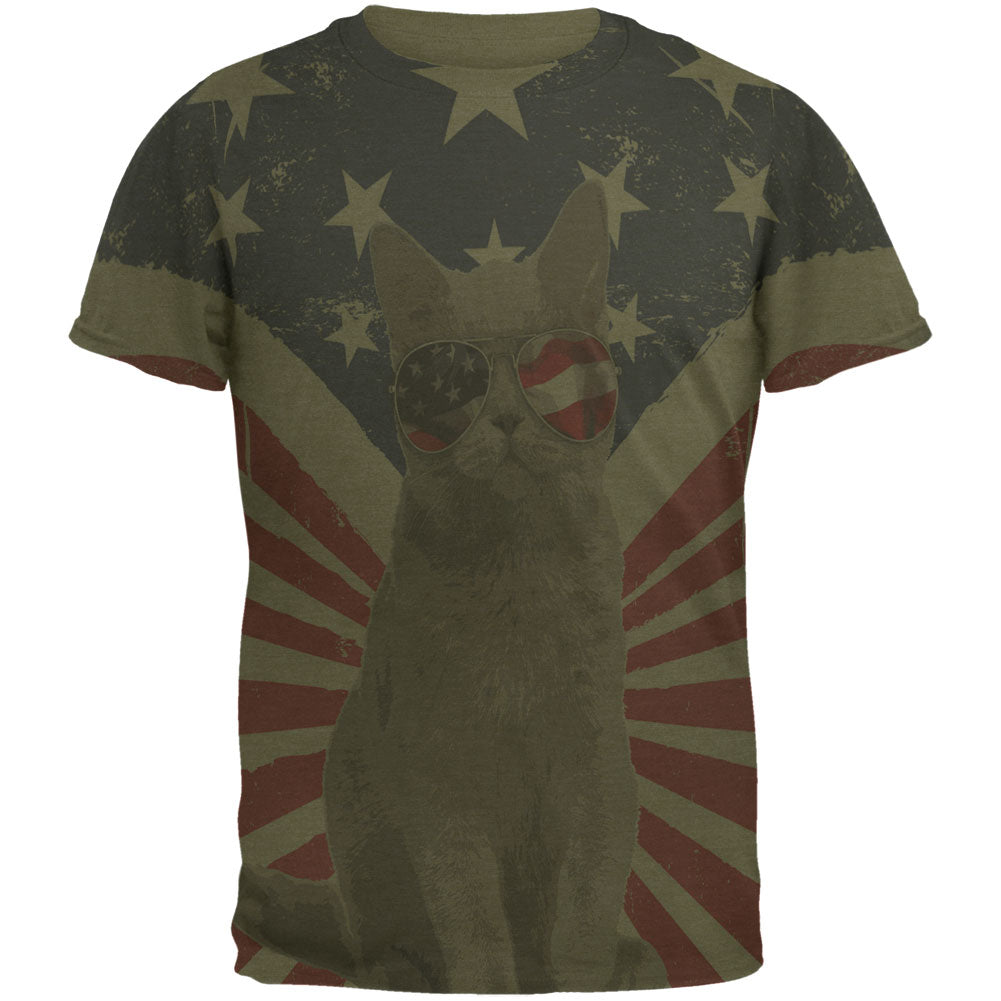 4th Of July Meowica America Patriot Cat Mens Soft T Shirt Men's T-Shirts 4th of July 2XL Military Green