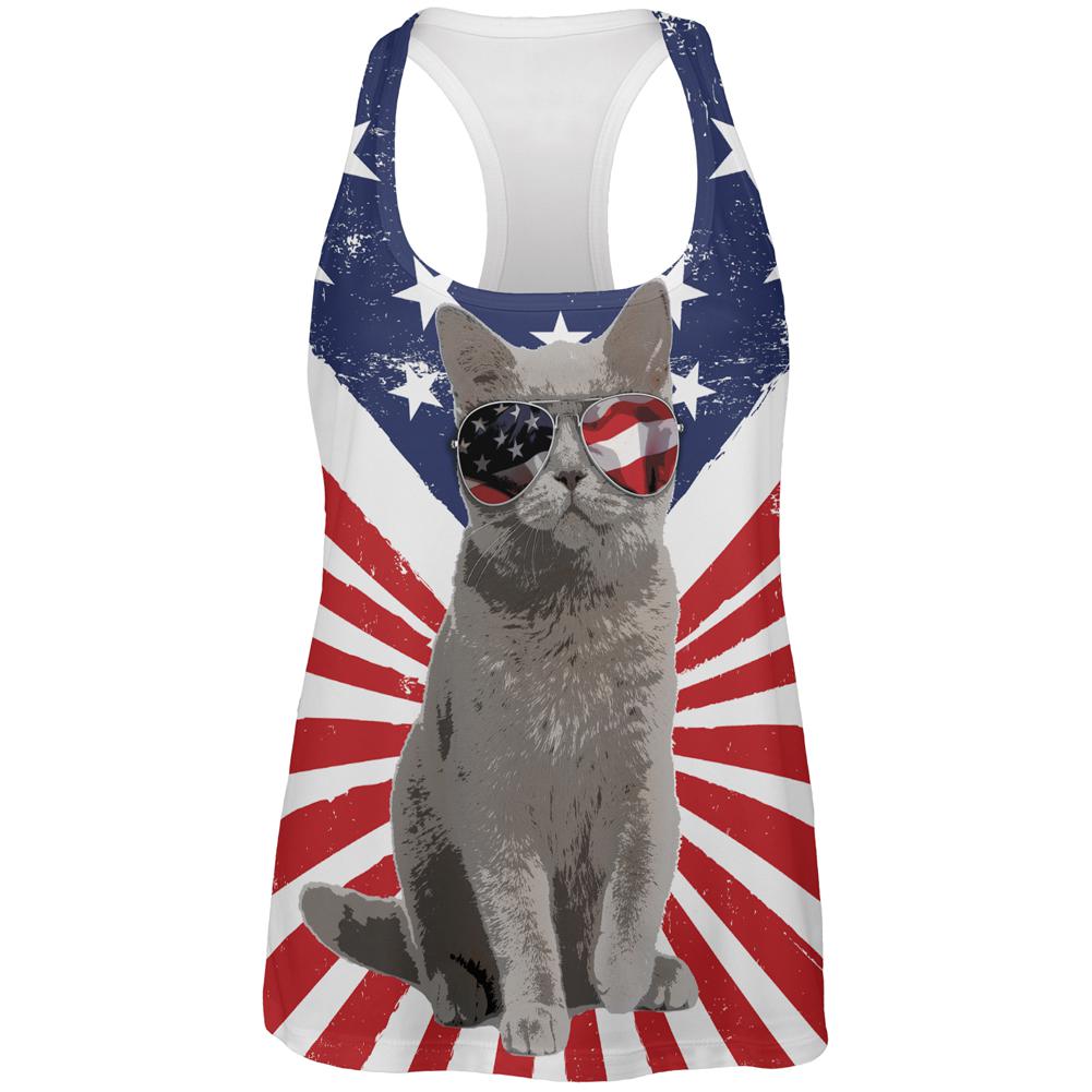 4th Of July Meowica America Patriot Cat All Over Womens Work Out Tank Top Women's Tank Tops Old Glory 2XL Multi