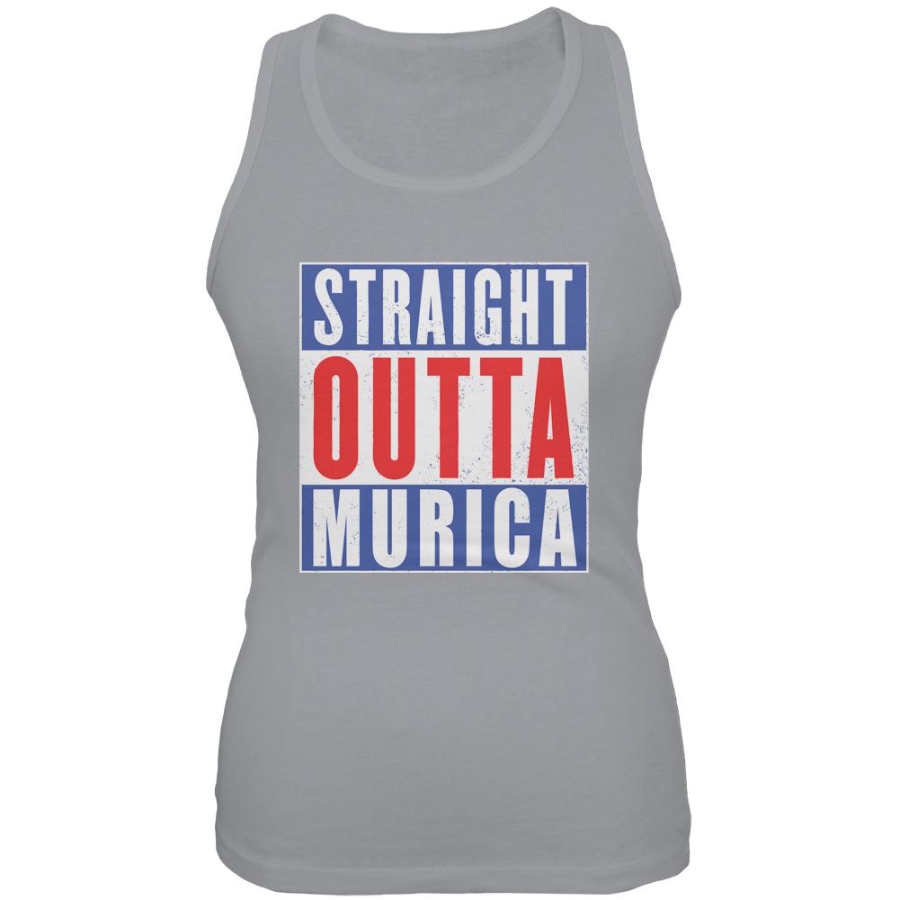 July 4th Straight Outta Murica America Funny Juniors Soft Tank Top Juniors Tank Tops Old Glory SM Grey