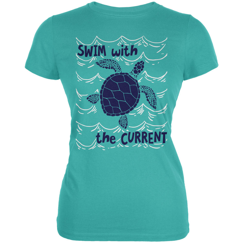 Sea Turtle Swim with the Current Juniors Soft T Shirt Juniors T-Shirts Old Glory LG Teal