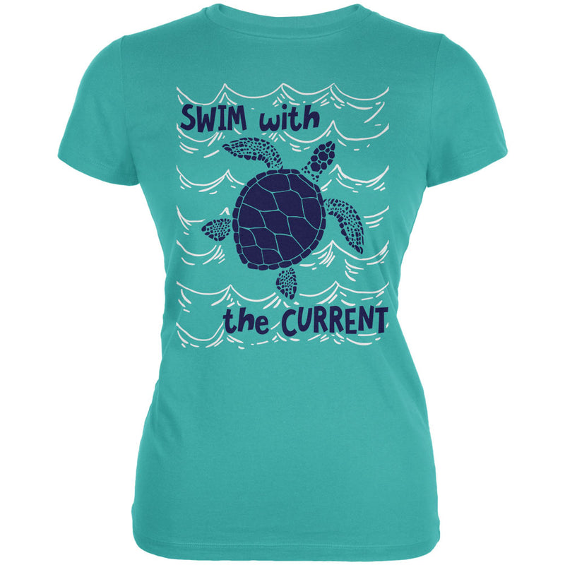 Sea Turtle Swim with the Current Juniors Soft T Shirt Juniors T-Shirts Old Glory LG Teal