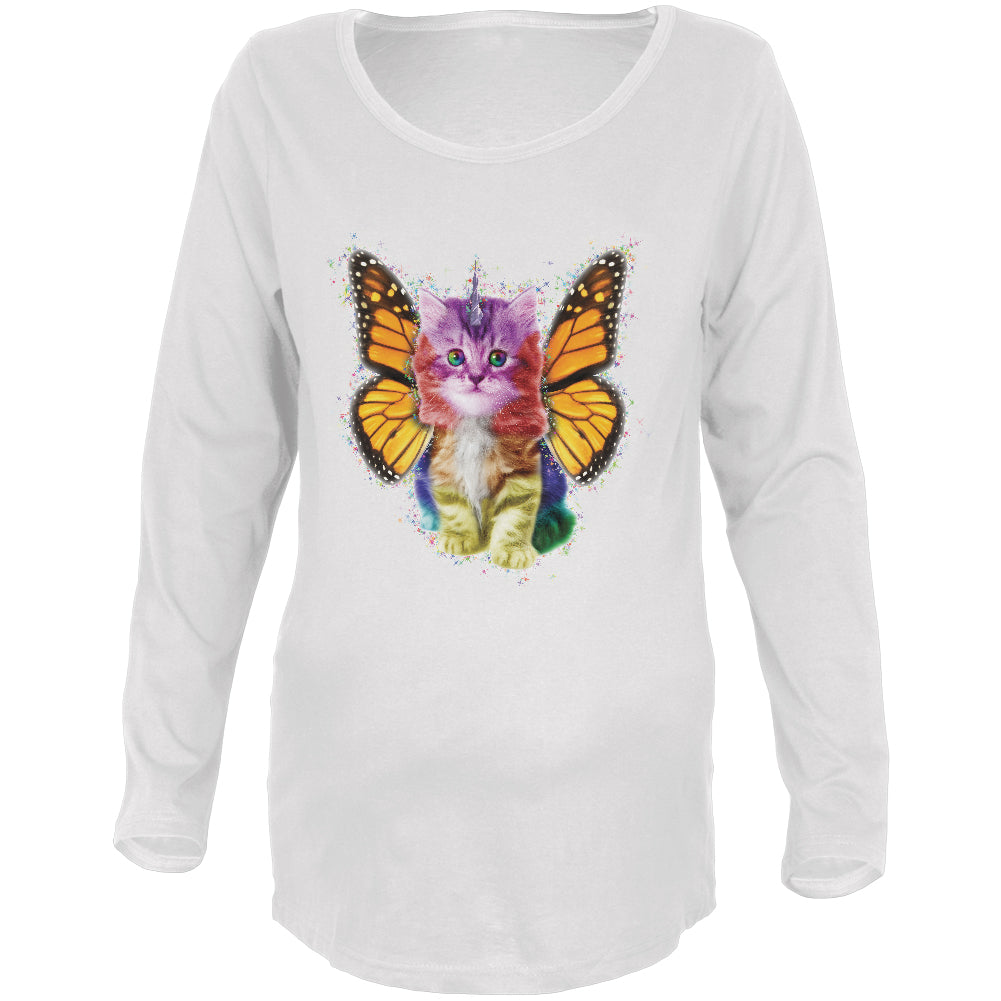 Rainbow Butterfly Unicorn Kitten Maternity Soft Long Sleeve T Shirt Maternity Long Sleeve T-Shirts Old Glory 2XL White
