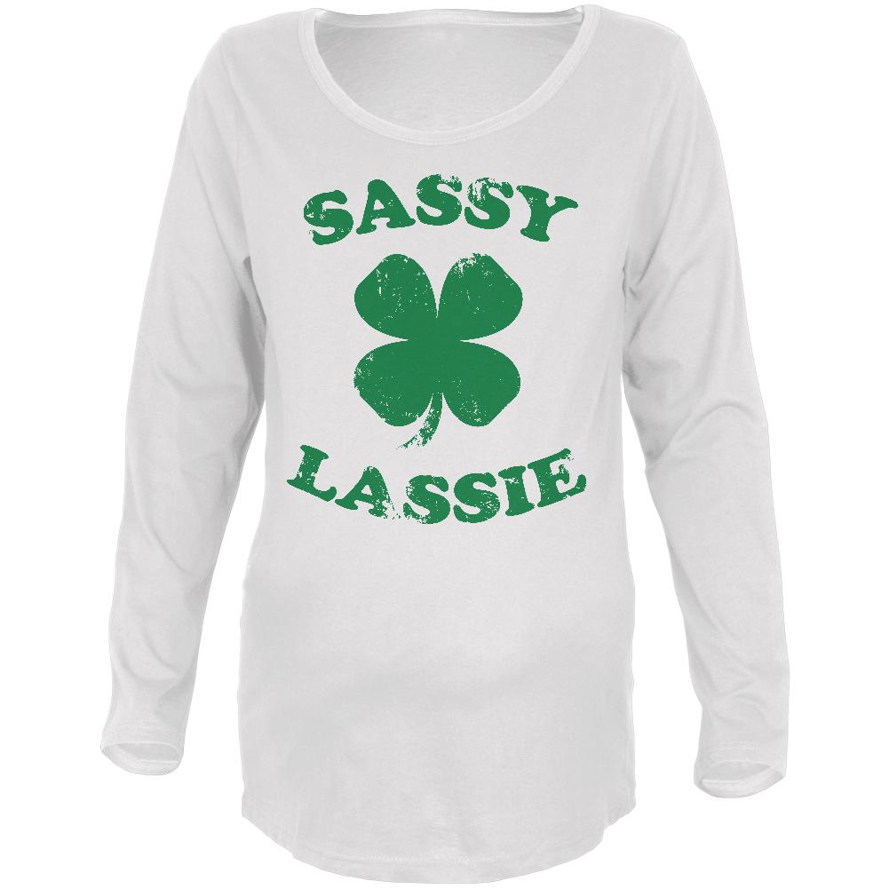 St Patricks Day Sassy Lassie Maternity Soft Long Sleeve T Shirt Maternity Long Sleeve T-Shirts Old Glory 2XL White