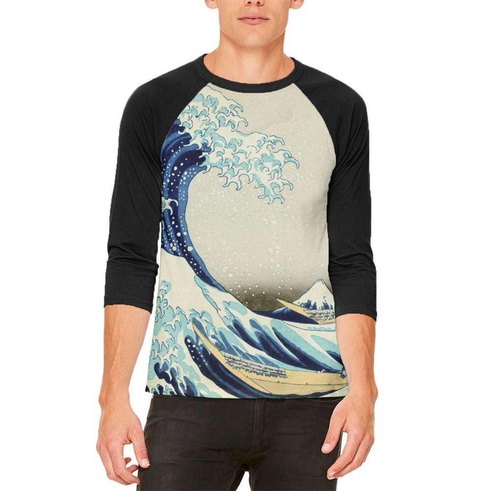 Great Wave Tsunami Japanese Painting Mens Raglan T Shirt Men's Raglans Old Glory 2XL White