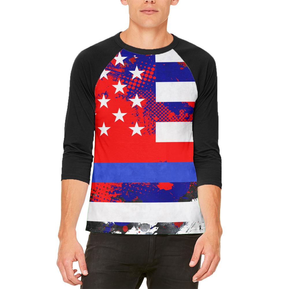 Thin Blue Line Police Lives Matter Distressed Splatter Mens Raglan T Shirt Men's Raglans Old Glory SM White-Black
