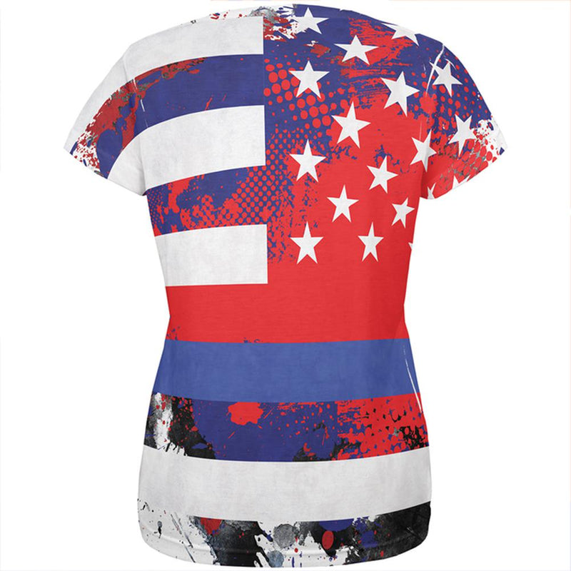Thin Blue Line Police Lives Matter Distressed Splatter All Over Womens T Shirt Women's T-Shirts Old Glory