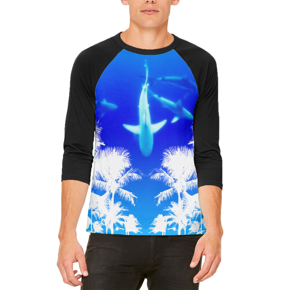 Summer Shark Beach Party Mens Raglan T Shirt Men's Raglans Old Glory LG White-Black