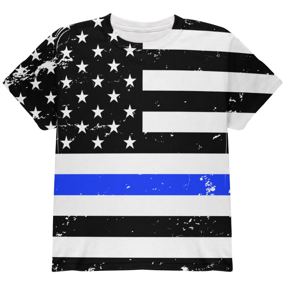 Distressed Thin Blue Line American Flag All Over Youth T Shirt Youth T-Shirts Old Glory LG Multi