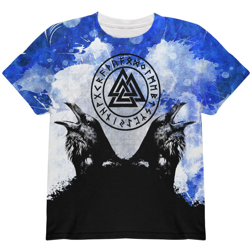 Huginn And Muninn Odin's Ravens Blue Splatter All Over Youth T Shirt Youth T-Shirts Old Glory LG Multi