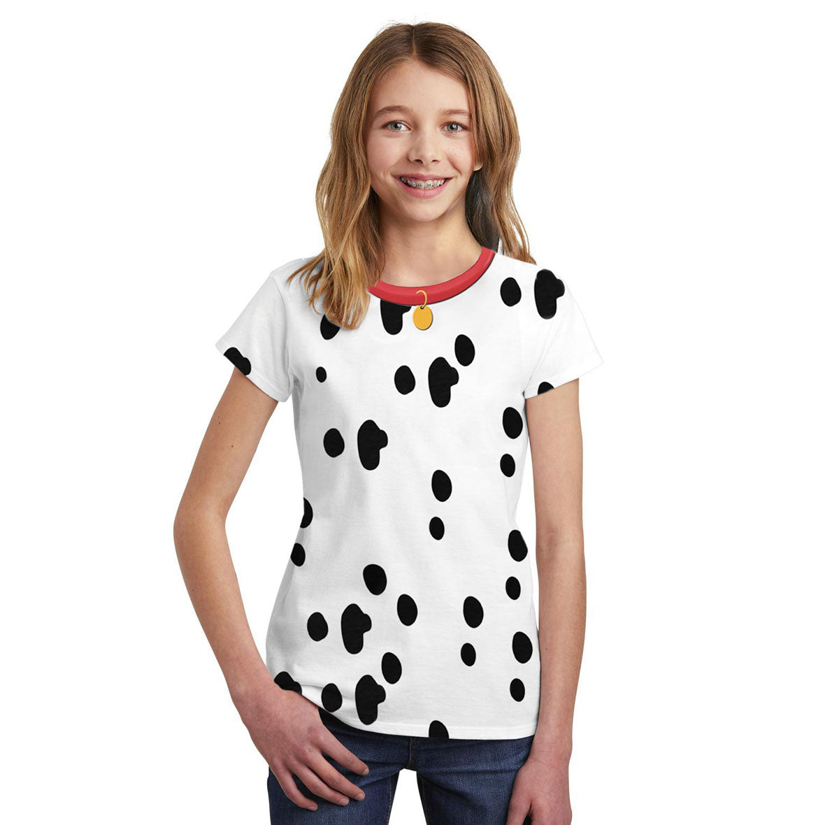 Halloween Costume Dalmatian with Red Collar Big Kids Sublimation T Shirt Youth T-Shirts Old Glory