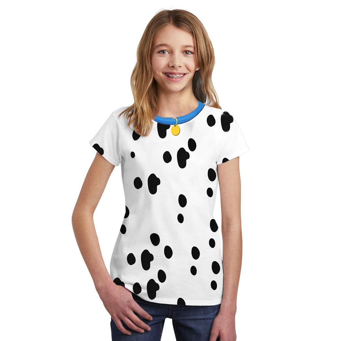 Halloween Costume Dalmatian with Blue Collar Big Kids Sublimation T Shirt Youth T-Shirts Old Glory