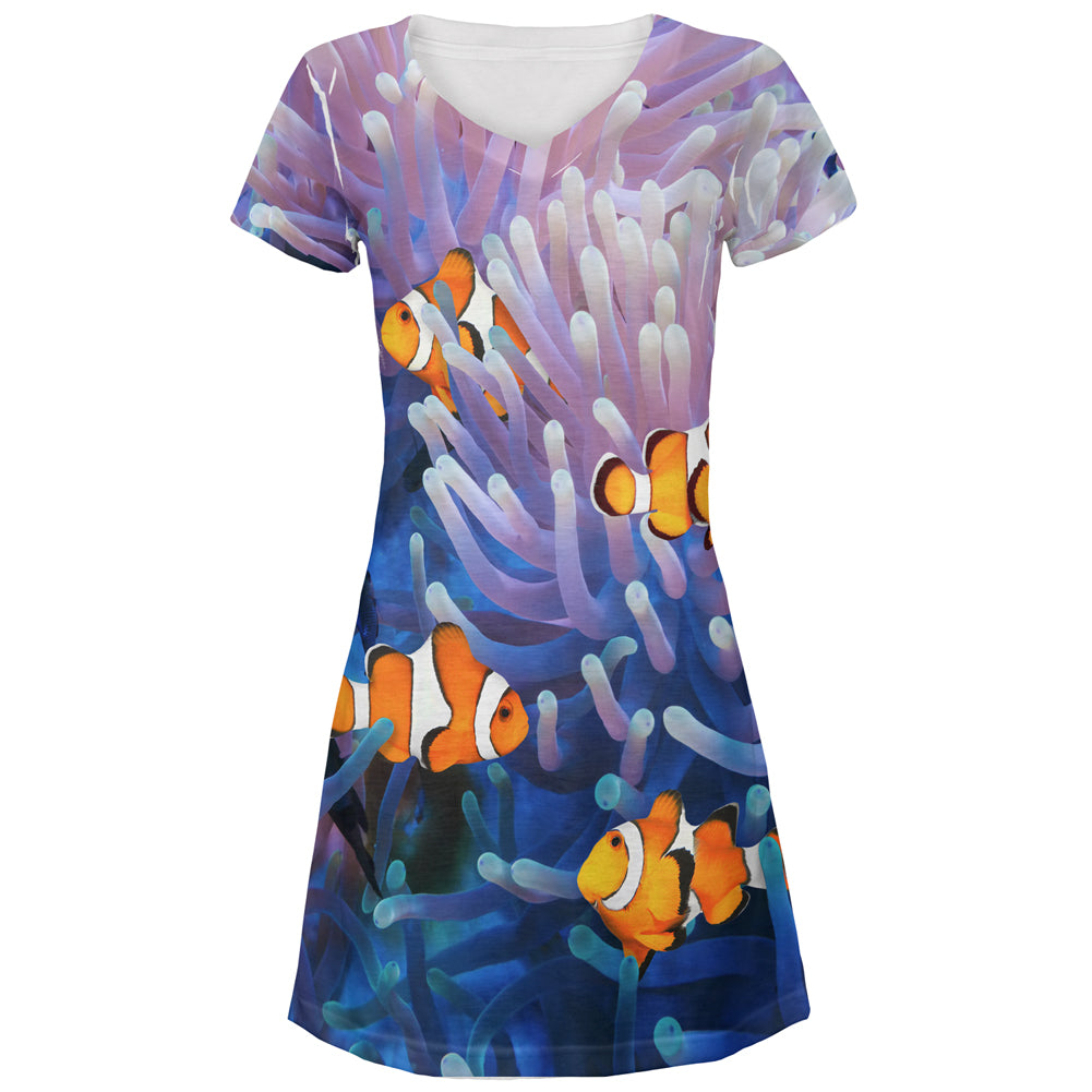 Clownfish Sea Anemone All Over Juniors Beach Cover-Up Dress Juniors Dresses Old Glory MD Multicolored