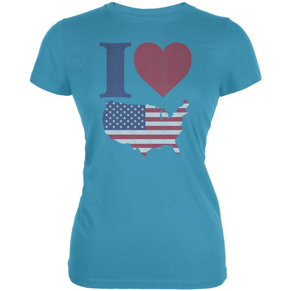 July 4th I Heart Love America Halftone Juniors Soft T Shirt Juniors T-Shirts Old Glory LG Aqua