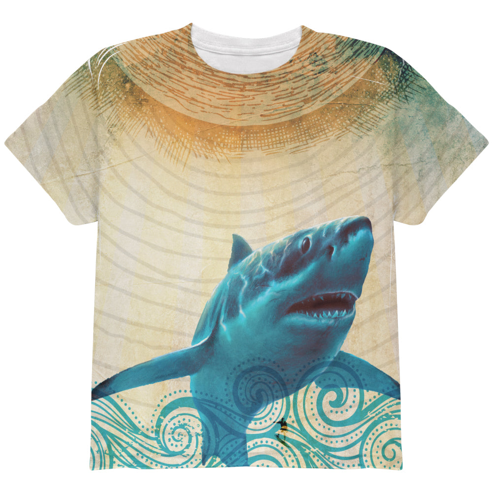 Great White Shark in Waves All Over Youth T Shirt Youth T-Shirts Old Glory YLG Multi