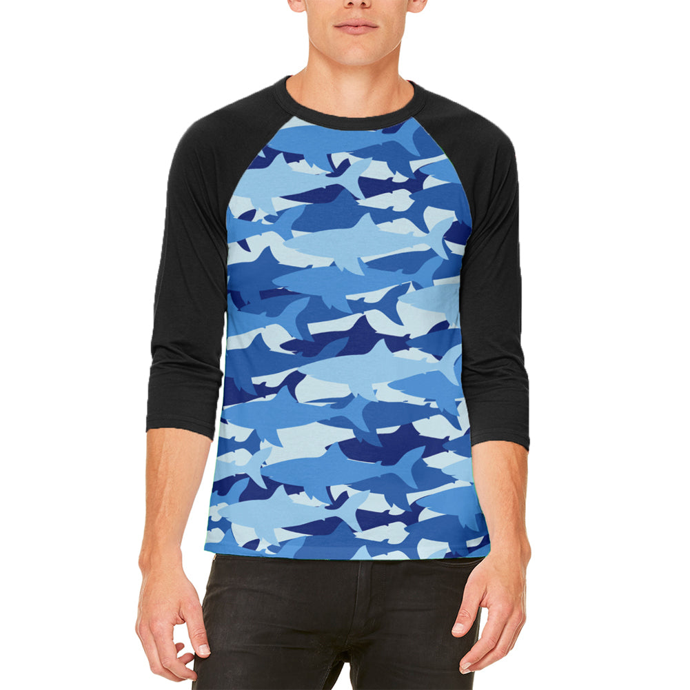 Great White Shark Camo Mens Raglan T Shirt Men's Raglans Old Glory LG White-Black