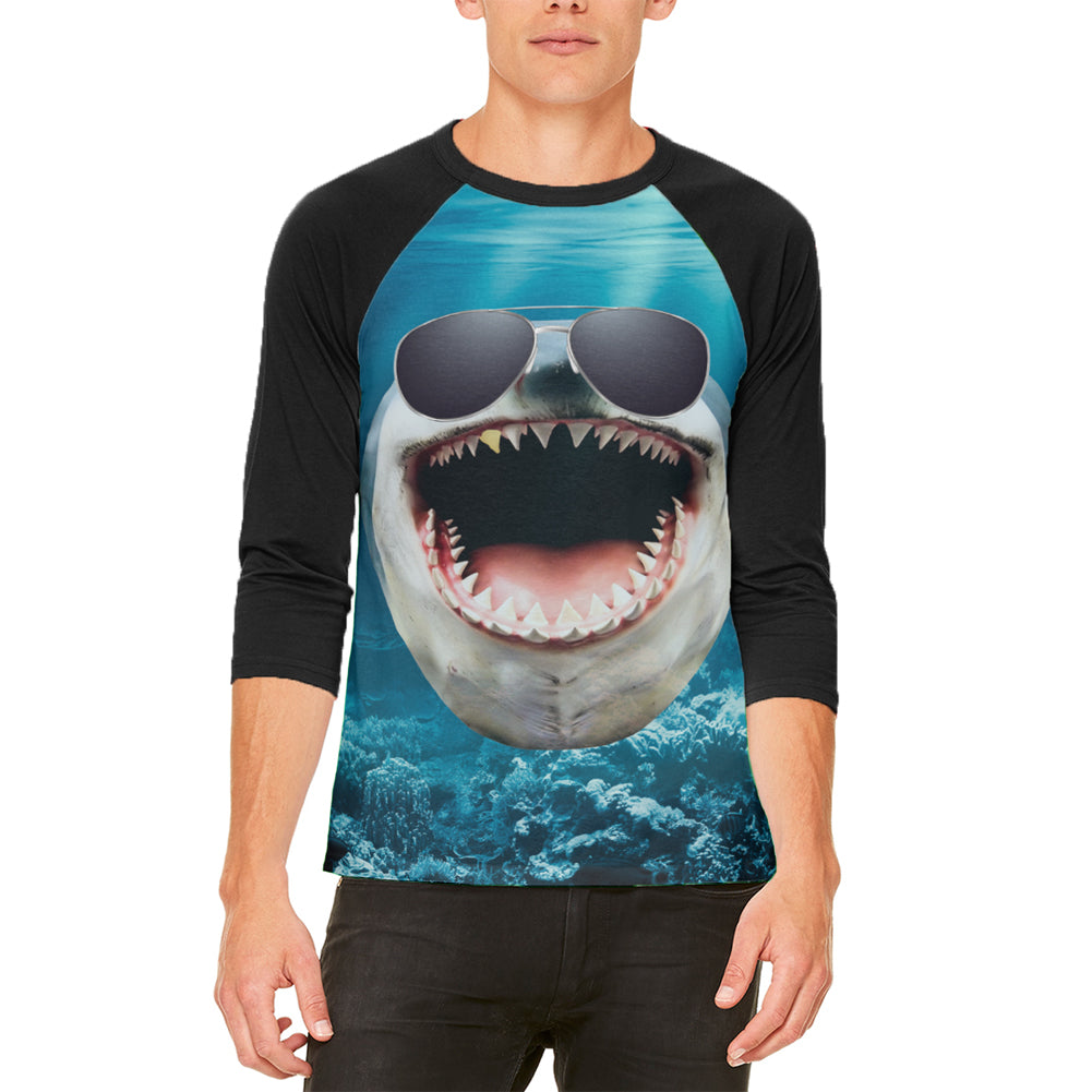 Big Goofy Shark In Sunglasses Mens Raglan T Shirt Men's Raglans Old Glory LG White-Black