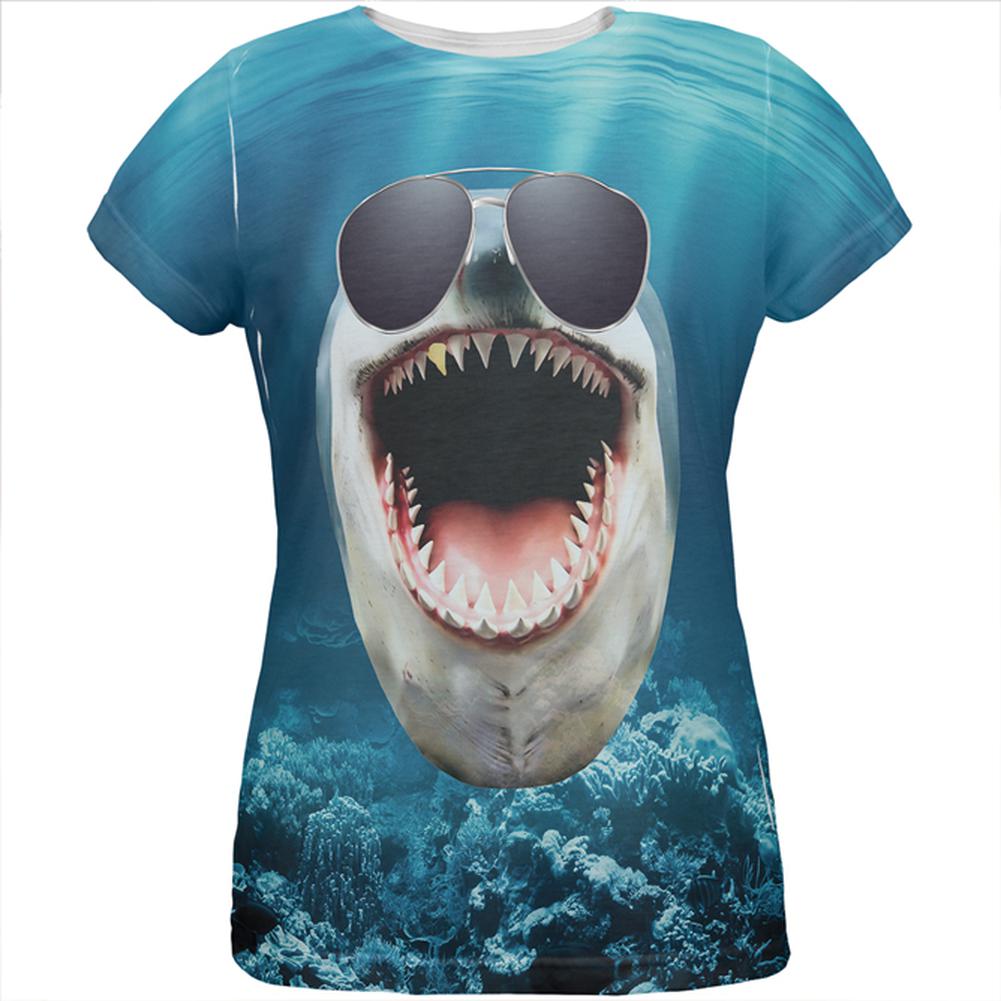 Big Goofy Shark In Sunglasses All Over Womens T Shirt Women's T-Shirts Old Glory 2XL Multi