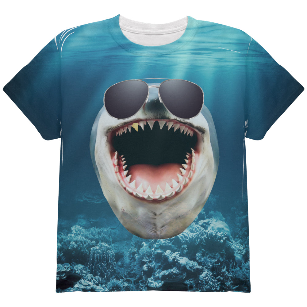 Big Goofy Shark In Sunglasses All Over Youth T Shirt Youth T-Shirts Old Glory YLG Multi