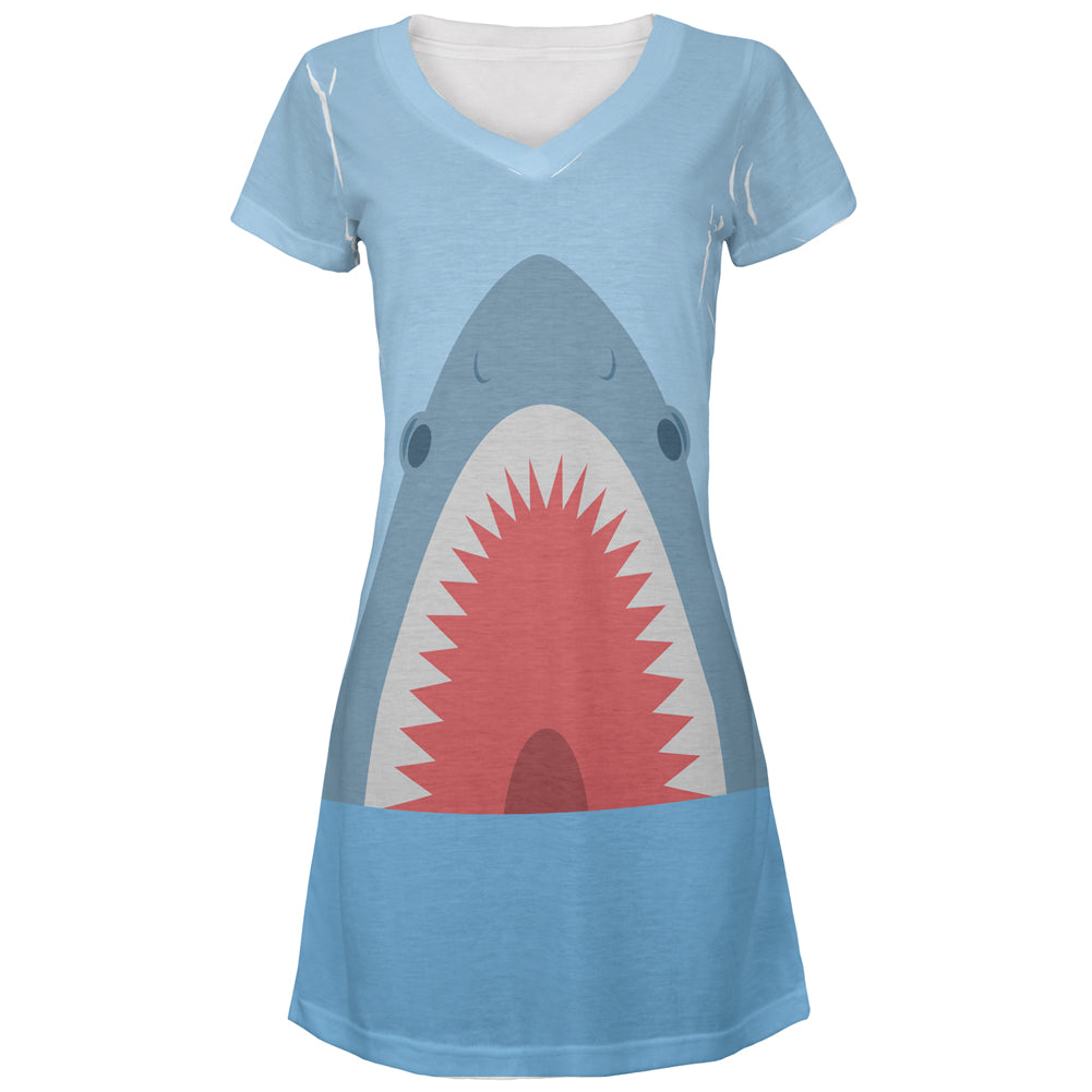 Cute Fun Shark Attack All Over Juniors Beach Cover-Up Dress Juniors Dresses Old Glory MD Multi