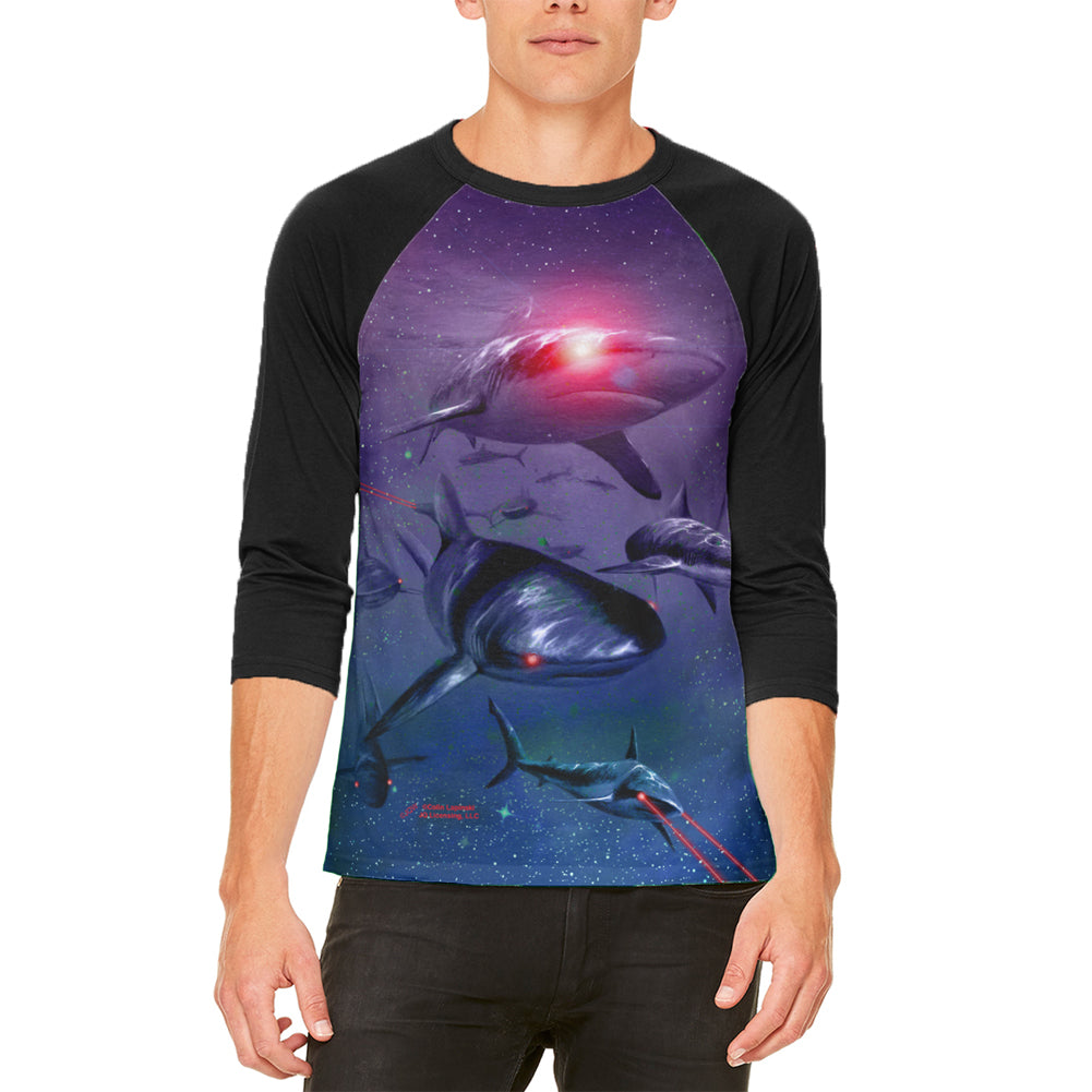 Laser Sharks In Space Galaxy Mens Raglan T Shirt Men's Raglans Old Glory LG White