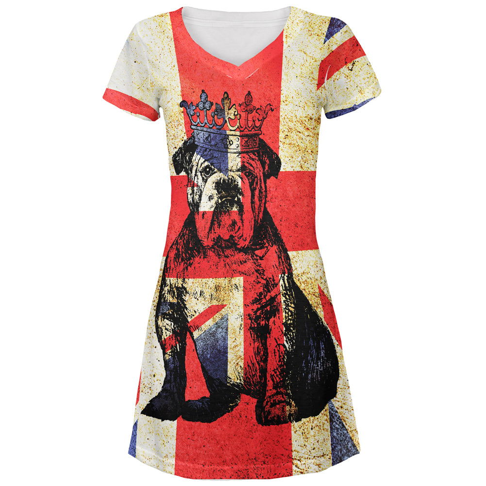 English British Bulldog Crown Grunge Flag All Over Juniors Beach Cover-Up Dress Juniors Dresses Old Glory MD Multicoloured