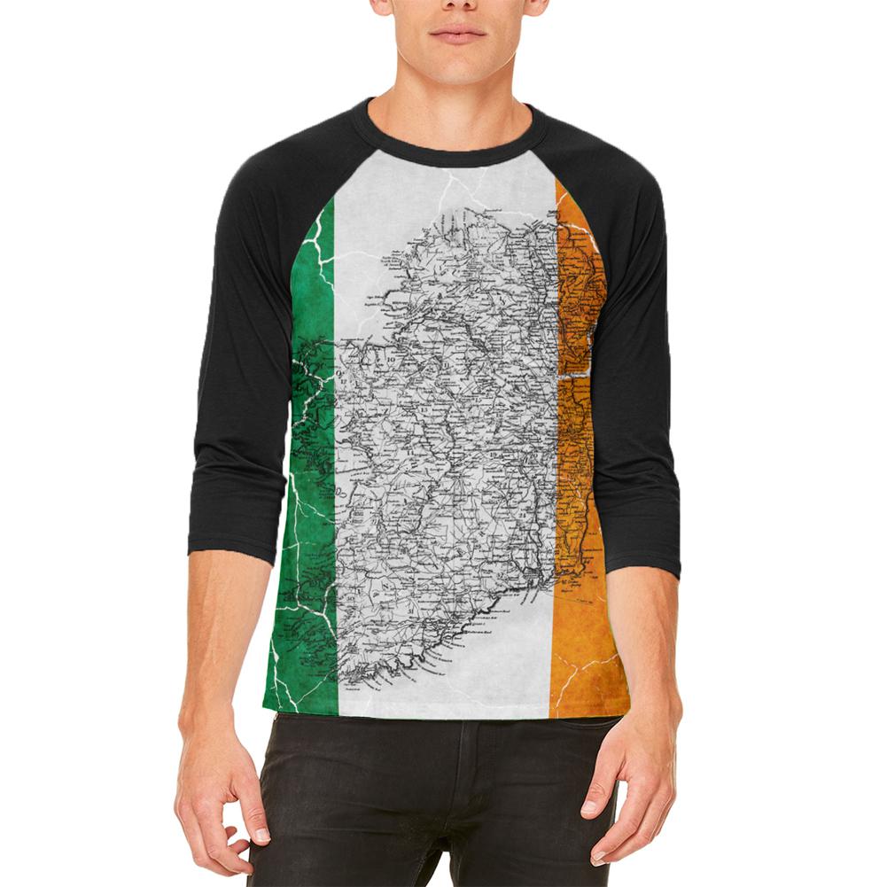 St Patrick's Day Vintage Irish Map Flag Distressed Mens Raglan T Shirt Men's Raglans Old Glory 2XL White-Black