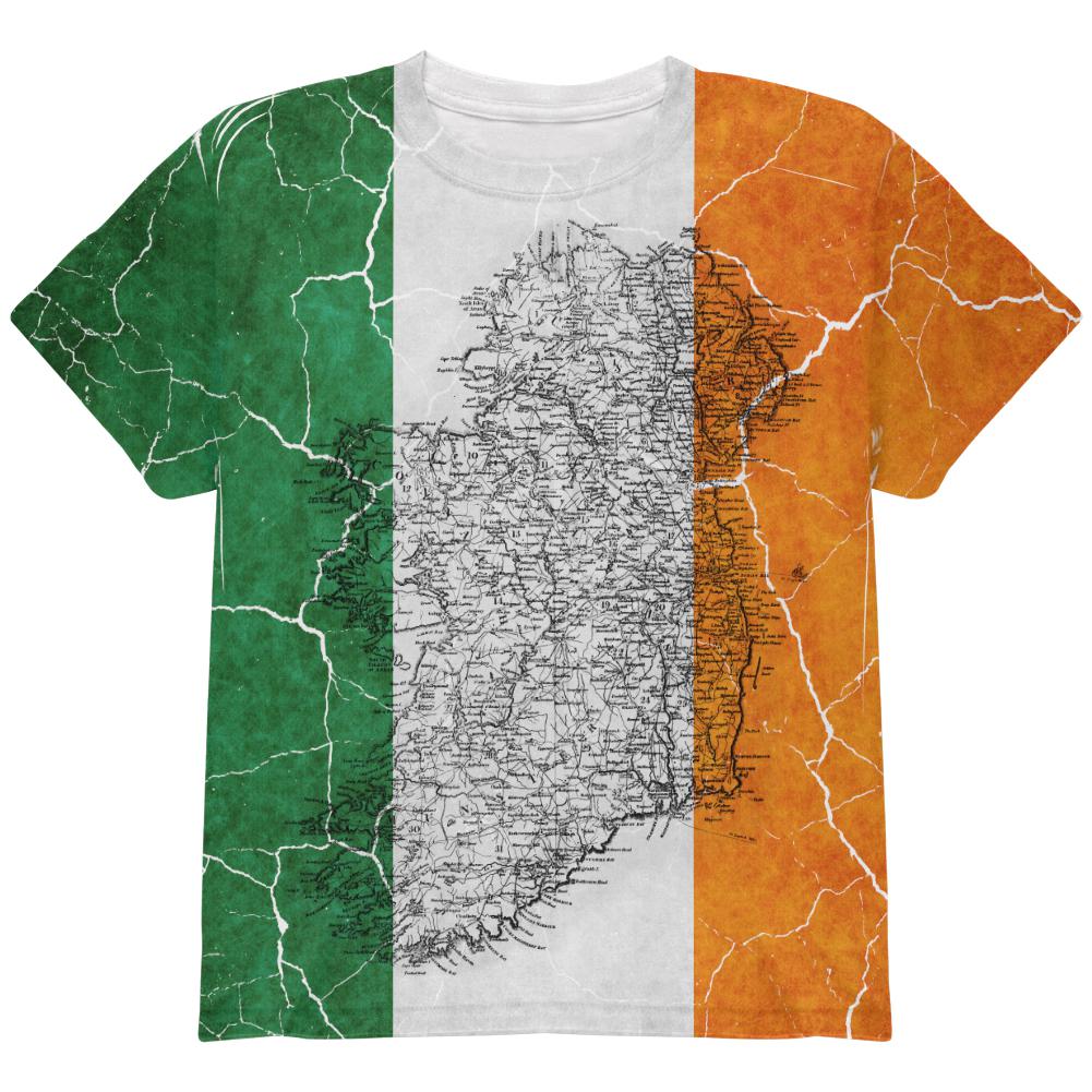 St Patrick's Day Vintage Irish Map Flag Distressed All Over Youth T Shirt Youth T-Shirts Old Glory LG Multi