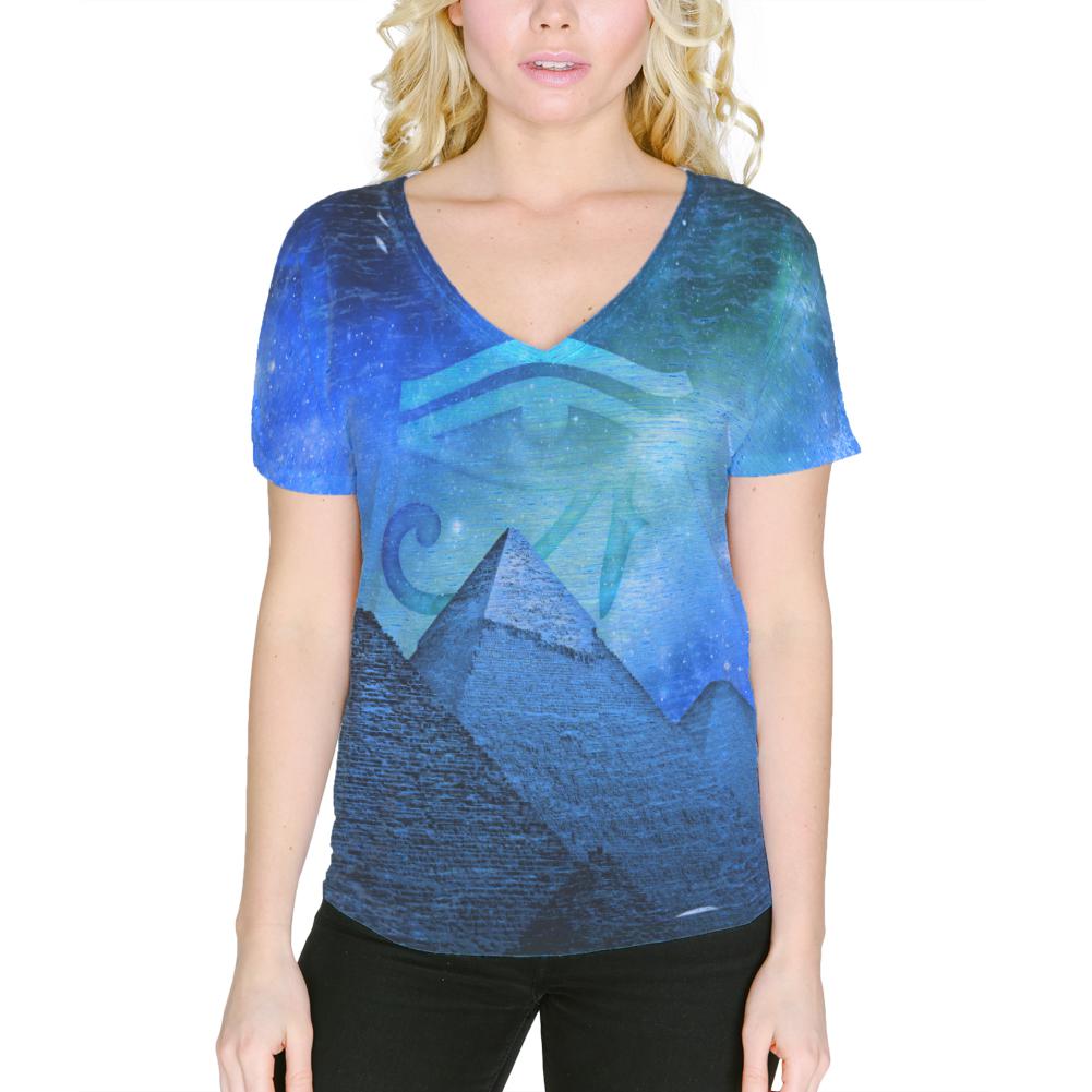 Eye Of Ra Pyramids Egypt Women's Slouchy V-Neck T Shirt Women's T-Shirts Old Glory 2XL Blue Marble