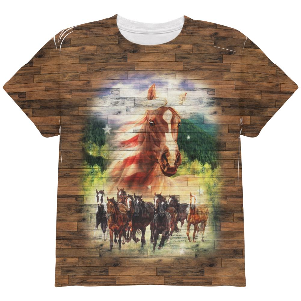 4th of July American Flag Wild Horse Mustang Patriot All Over Youth T Shirt Youth T-Shirts Old Glory LG Multi