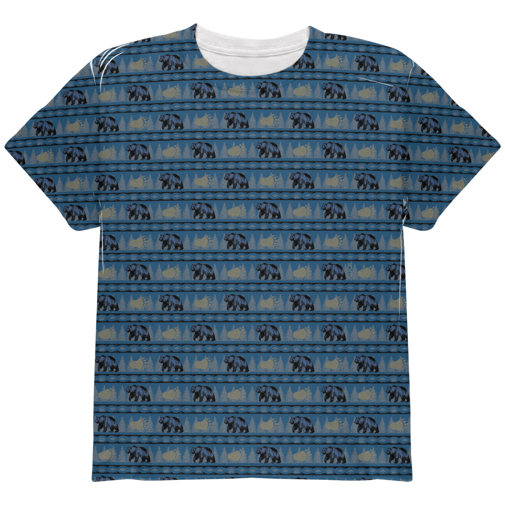 Grizzly Bear Pattern Blue All Over Youth T Shirt Youth T-Shirts global YLG Multi