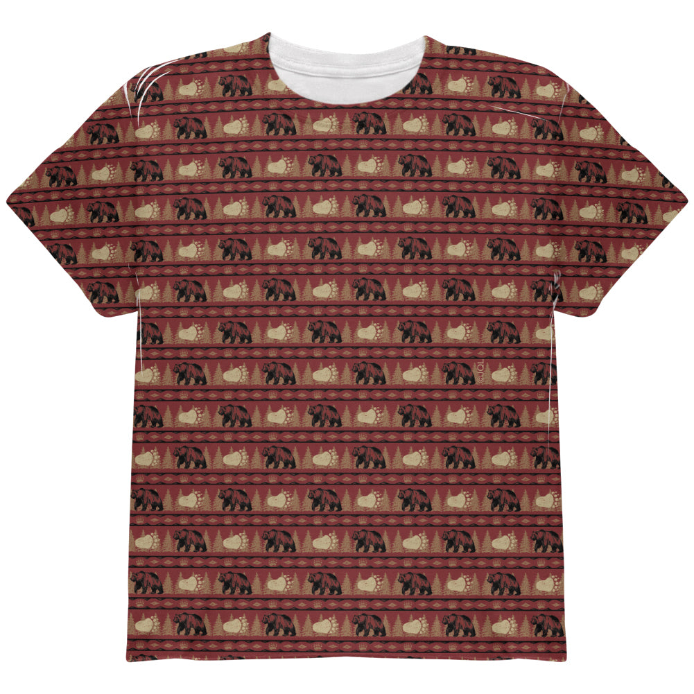 Grizzly Bear Pattern Red All Over Youth T Shirt Youth T-Shirts global YLG Multi
