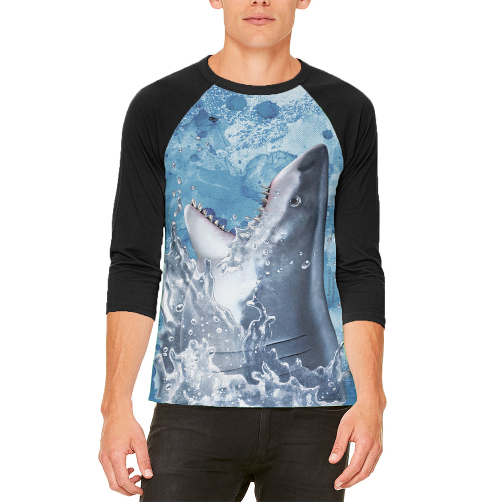 Hungry Great White Shark Breaching Mens Raglan T Shirt Men's T-Shirts Old Glory LG White