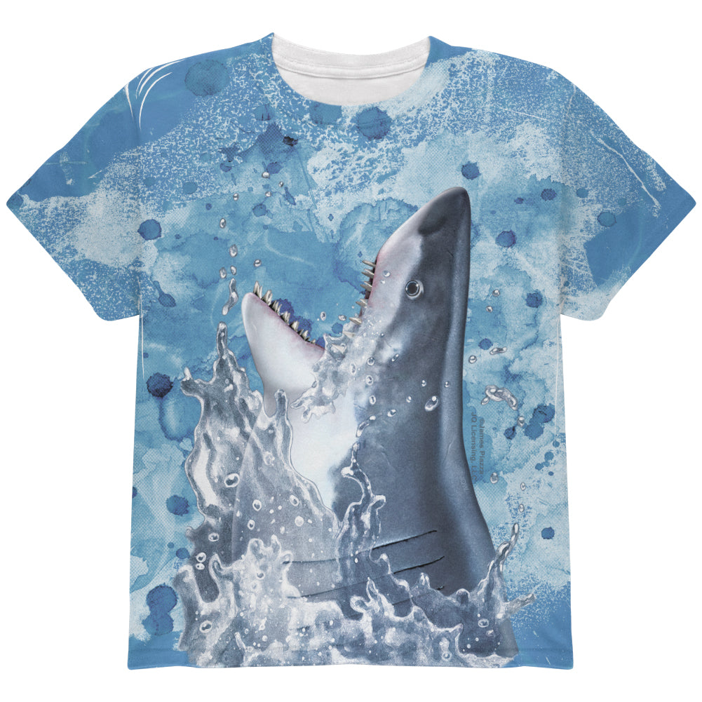 Hungry Great White Shark Breaching All Over Youth T Shirt Youth T-Shirts Old Glory YLG Multi