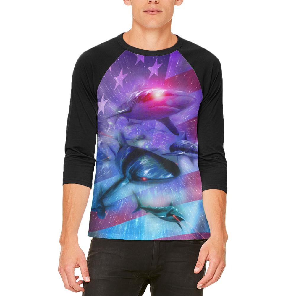 July 4th Patriotic American Galaxy Laser Sharks Mens Raglan T Shirt Men's Raglans Old Glory 2XL White-Black