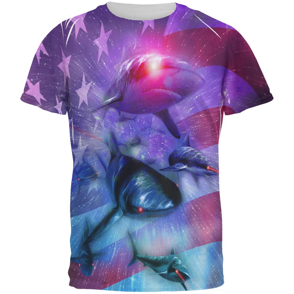 July 4th Patriotic American Galaxy Laser Sharks All Over Mens T Shirt Men's T-Shirts Old Glory 2XL Multi