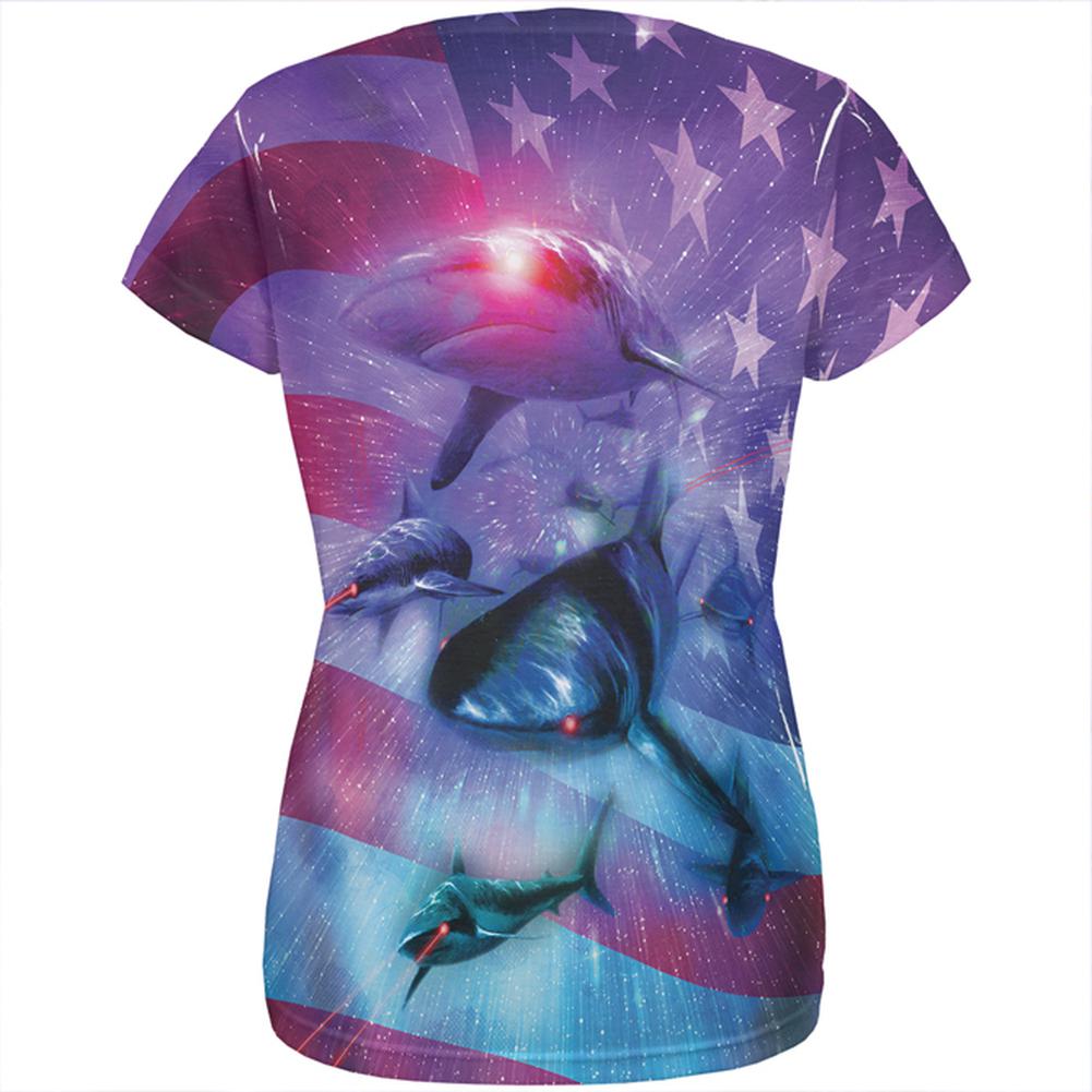 July 4th Patriotic American Galaxy Laser Sharks All Over Womens T Shirt Women's T-Shirts Old Glory