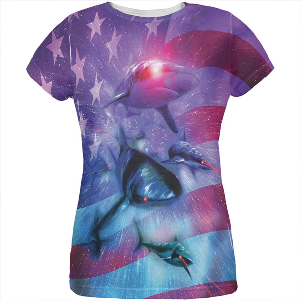 July 4th Patriotic American Galaxy Laser Sharks All Over Womens T Shirt Women's T-Shirts Old Glory 2XL Multi