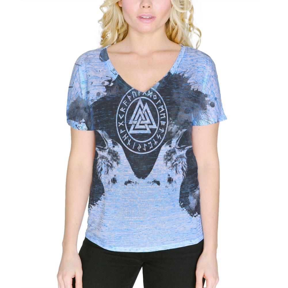 Viking Odin's Ravens Huginn And Muninn Women's Slouchy V-Neck T Shirt Women's T-Shirts Old Glory 2XL Blue