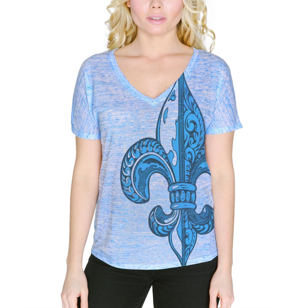 Mardi Gras Fleur De Lis In Blue Women's Slouchy V-Neck T Shirt Women's T-Shirts Old Glory 2XL Blue Marble