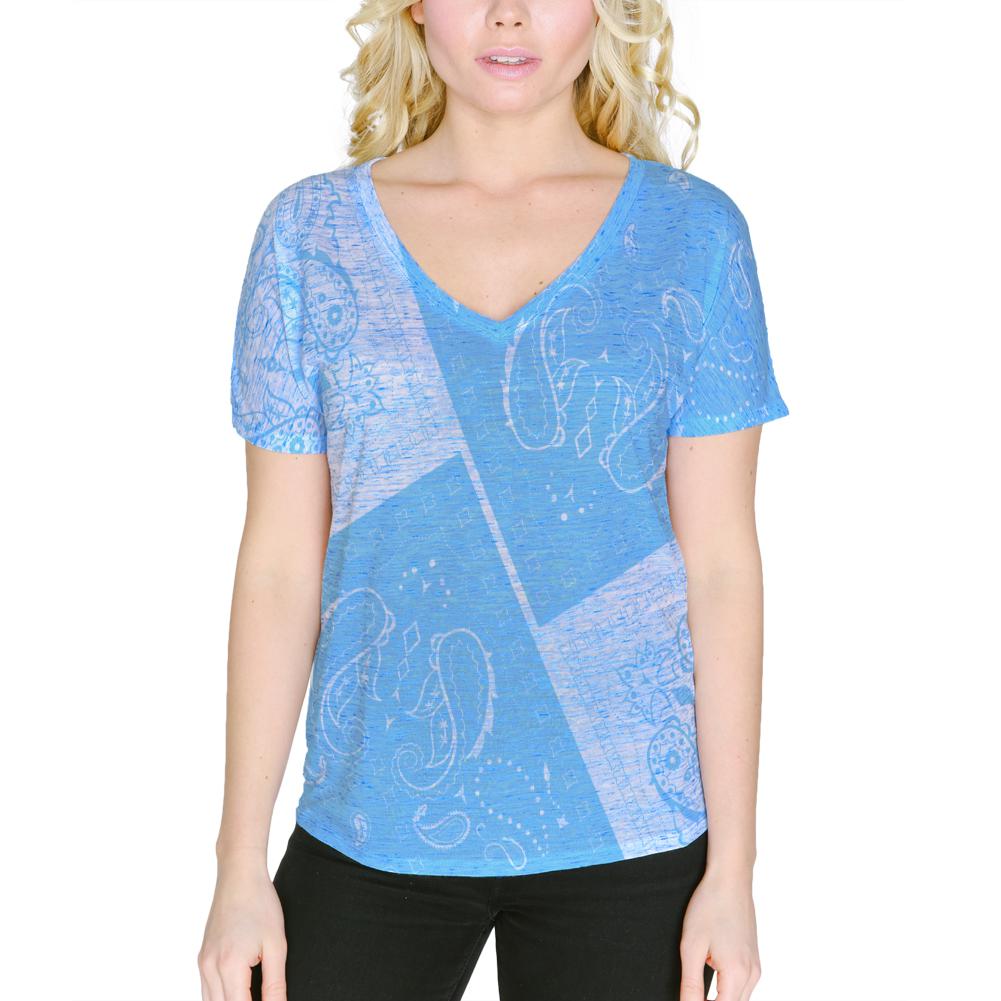 Blue Paisley Bandana Women's Slouchy V-Neck T Shirt Women's T-Shirts Old Glory 2XL Blue Marble