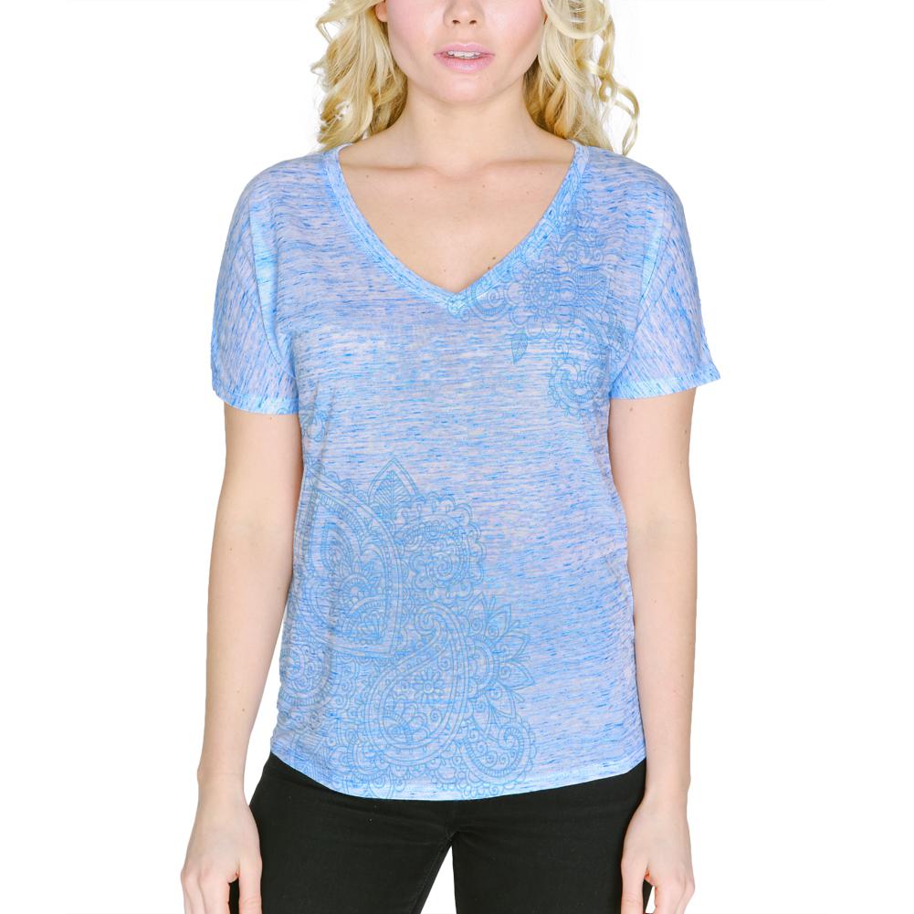 Blue Paisley Henna Ink Women's Slouchy V-Neck T Shirt Women's T-Shirts Old Glory 2XL Blue Marble
