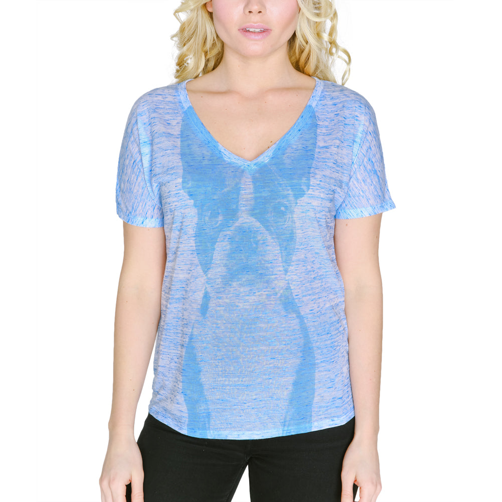 Cute Boston Terrier Face Women's Slouchy V-Neck T Shirt Women's T-Shirts Old Glory LG Blue