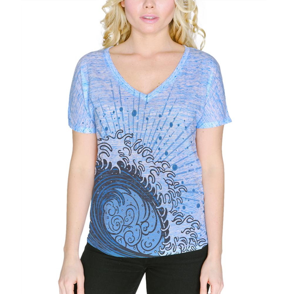 Summer Asian Wave Japanese Tsunami Women's Slouchy V-Neck T Shirt Women's T-Shirts Old Glory 2XL Blue Marble