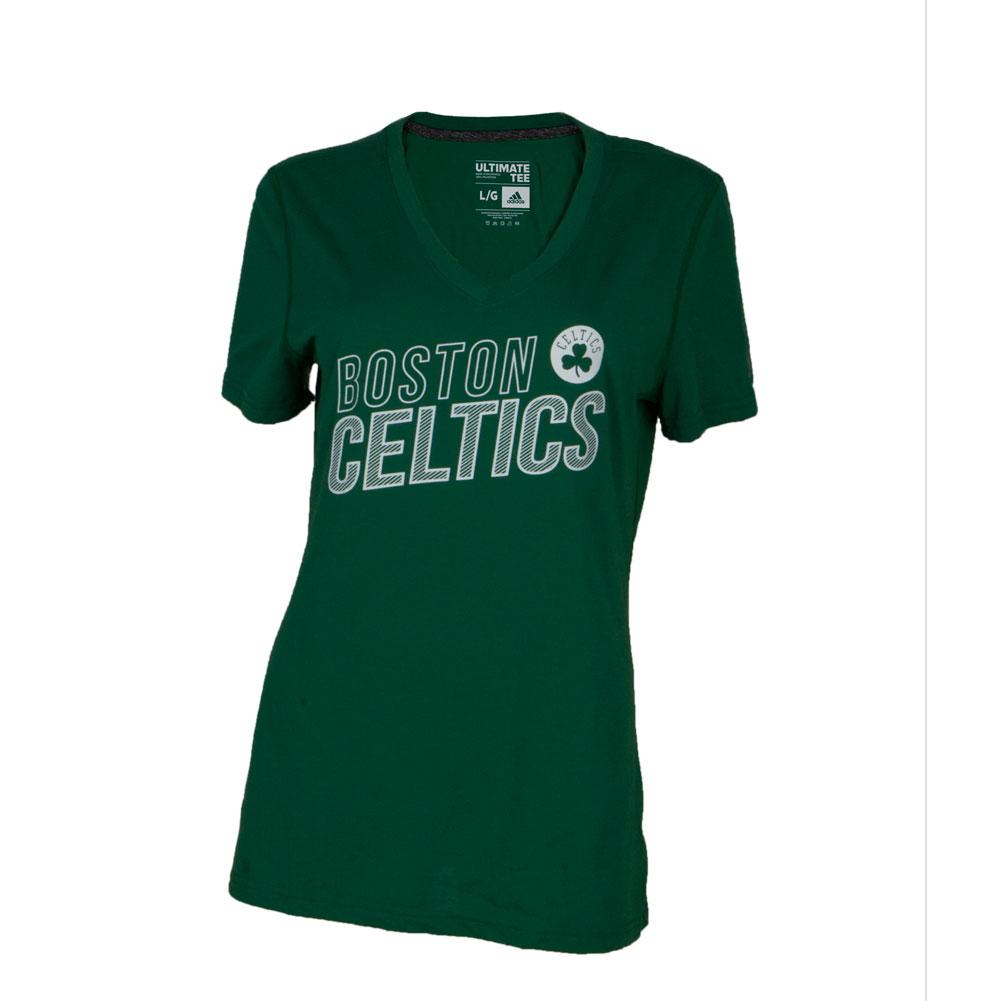 Boston Celtics - Striped Logo Adidas Womens T Shirt Women's T-Shirts Boston Celtics SM Green