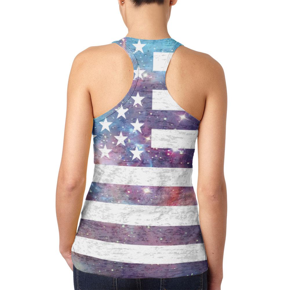 4th of July Galaxy American Flag USA Juniors Burnout Racerback Tank Top Juniors Tank Tops Old Glory